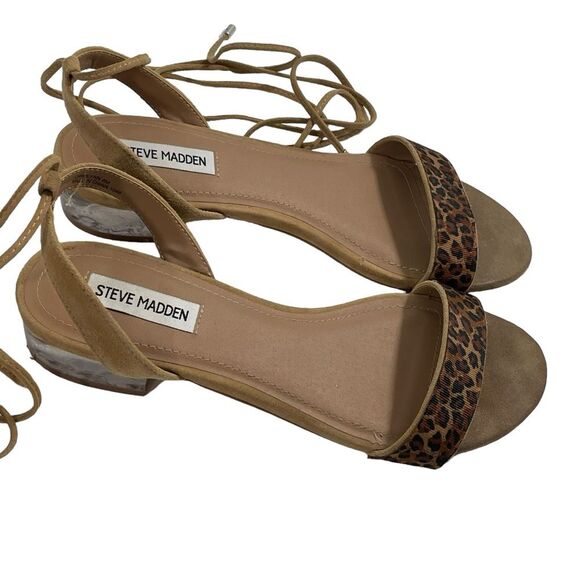 Steve Madden Carolynn Tan Animal Print Lace-Up Sandals Size 8 Lucite Heel Shoes - Picture 1 of 7